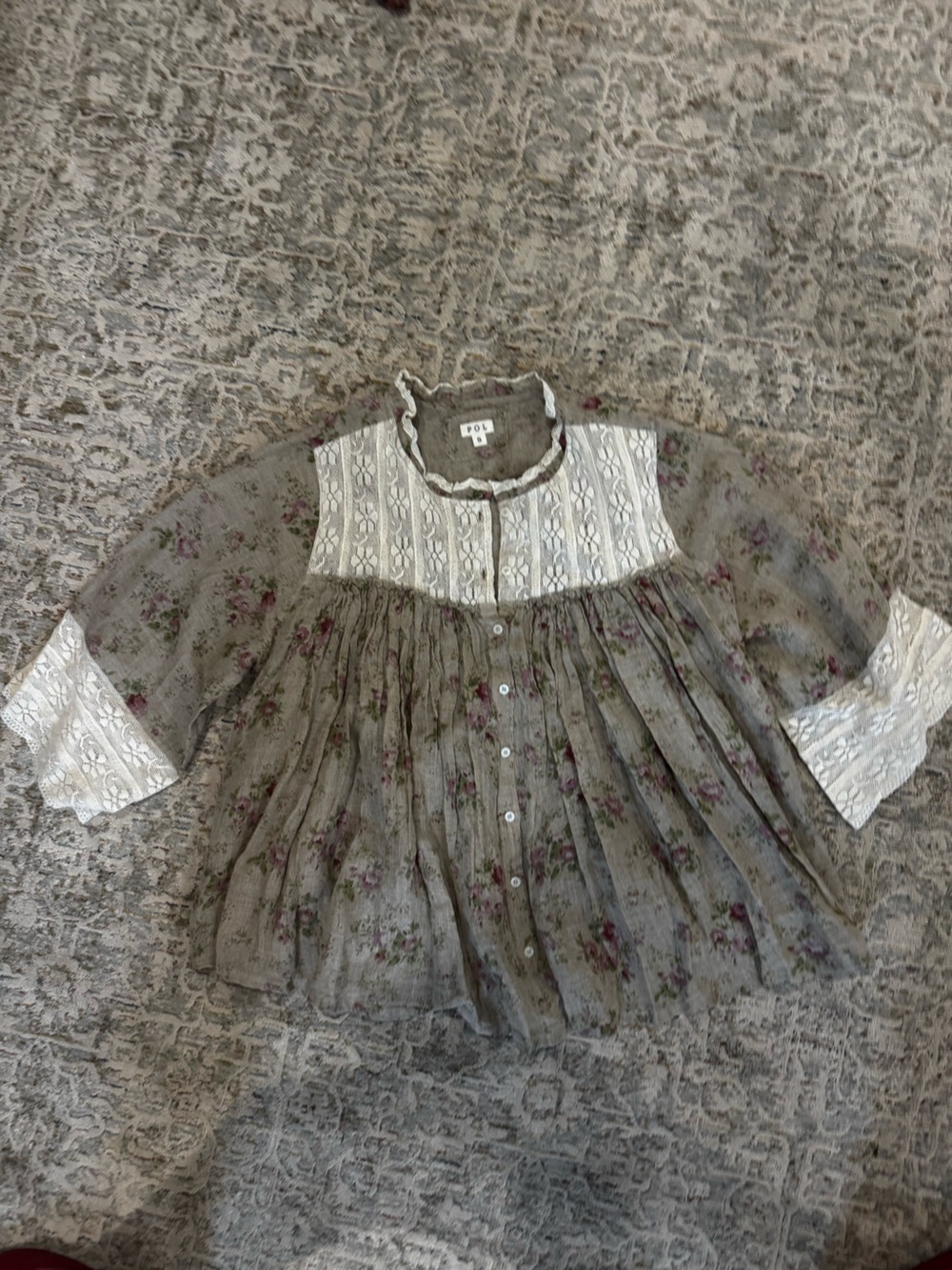 Pol Boho Floral Button-Front Top with Lace Yoke - Olive/ Khaki Green Size small